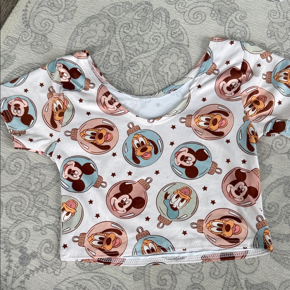Girls Mickey & Friends Short Sleeve crop Top - Pink & Blue Ornaments